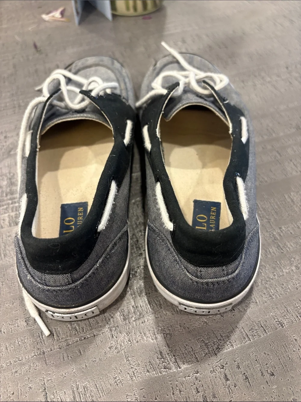 Polo by Ralph Lauren Denim like canvas and Navy Trim Boat Shoes with White Laces